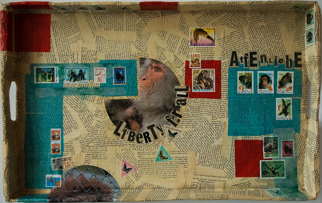 Click to enlarge tray.affenliebe (papier-mâché, stamps 38x60x5 cm, 2003) by heike kastler