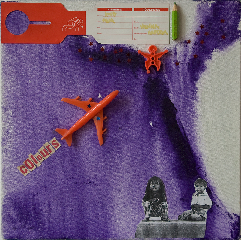 Click to enlarge colours (acryl/various objects on canvas, 30x30 cm, 2006) by heike kastler