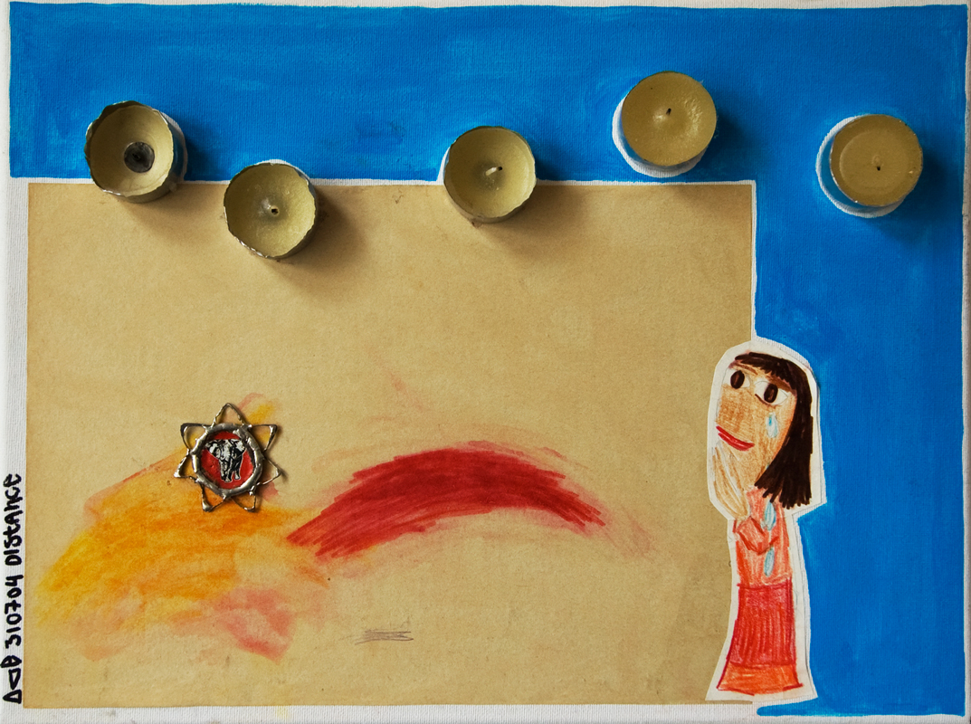 Click to enlarge distance - acryl/paper/various objects on canvas, 30x50 cm, 2004) by heike kastler