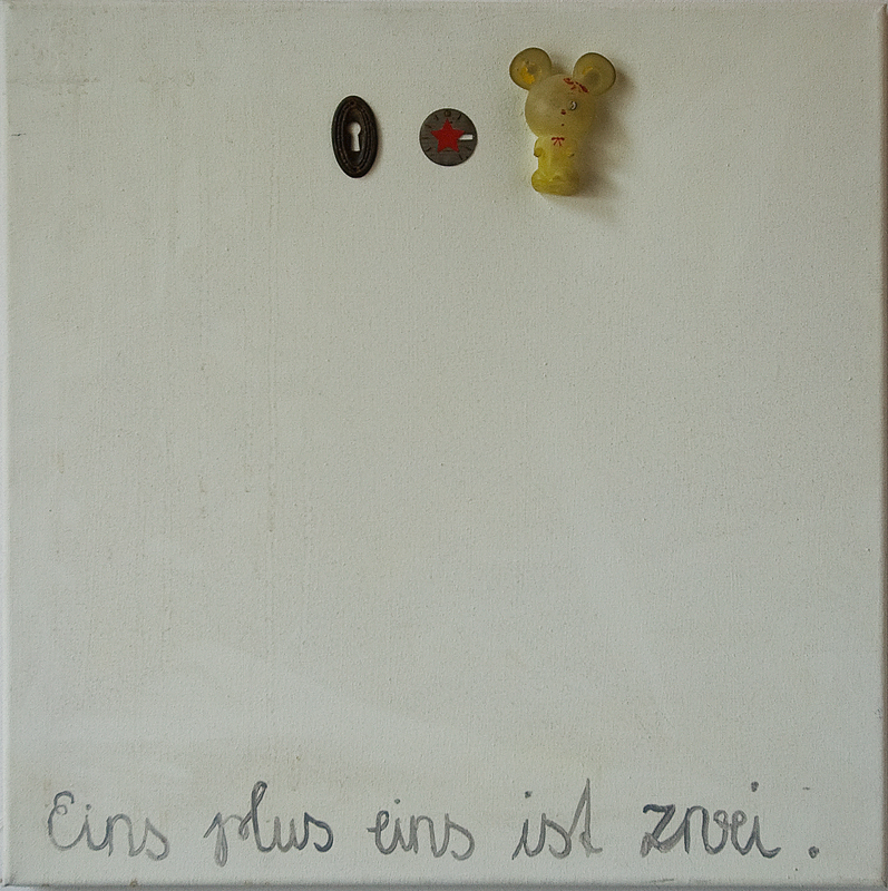 Click to enlarge eins plus eins ist zwei (acryl/various objects on canvas, 44x44 cm, 2007) by heike kastler