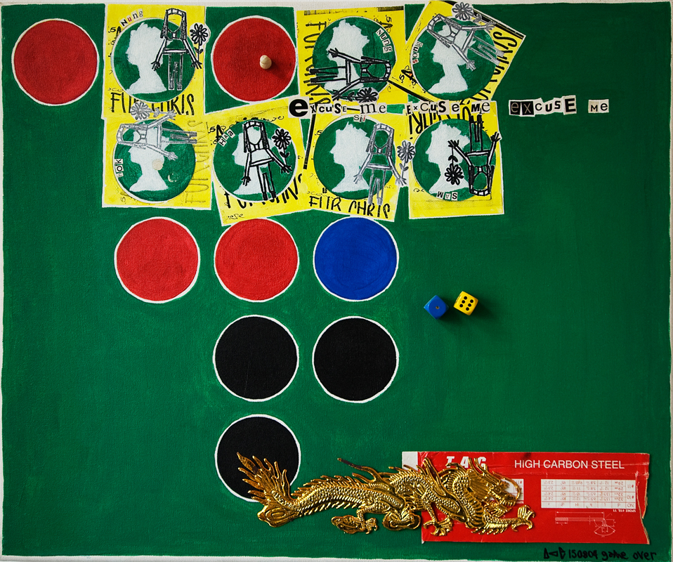 Click to enlarge game over (acryl/various objects on canvas 50x60 cm, 2004) by heike kastler