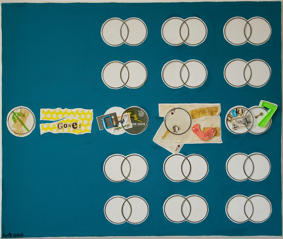 Click to enlarge gone! (acryl/various objects on canvas, 60x50 cm, 2005) by heike kastler