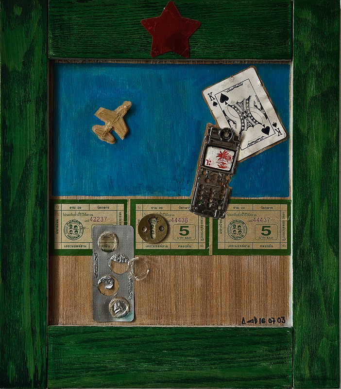 Click to enlarge ko samet - acryl/various objects on wood, 36x40 cm, 2003) by heike kastler