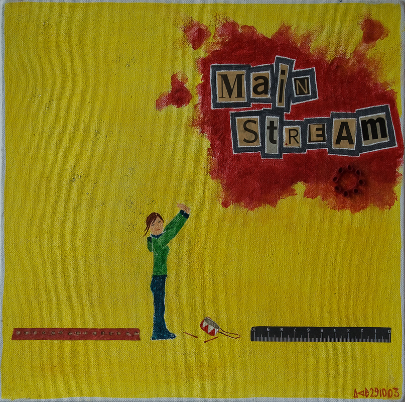 Click to enlarge mainstream - acryl/various objects on canvas, 30x30 cm, 2003) by heike kastler