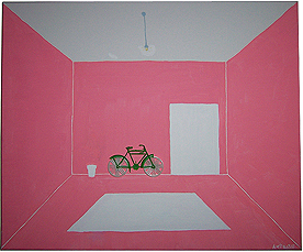 Click to enlarge rosarad (acryl/plastic bicycle on canvas, 40x50 cm, 2007) by heike kastler